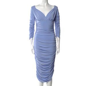Nor­ma Ka­mali Tara Deep-V Ruched Midi Dress Size L Blue Long-Sleeve Womens
